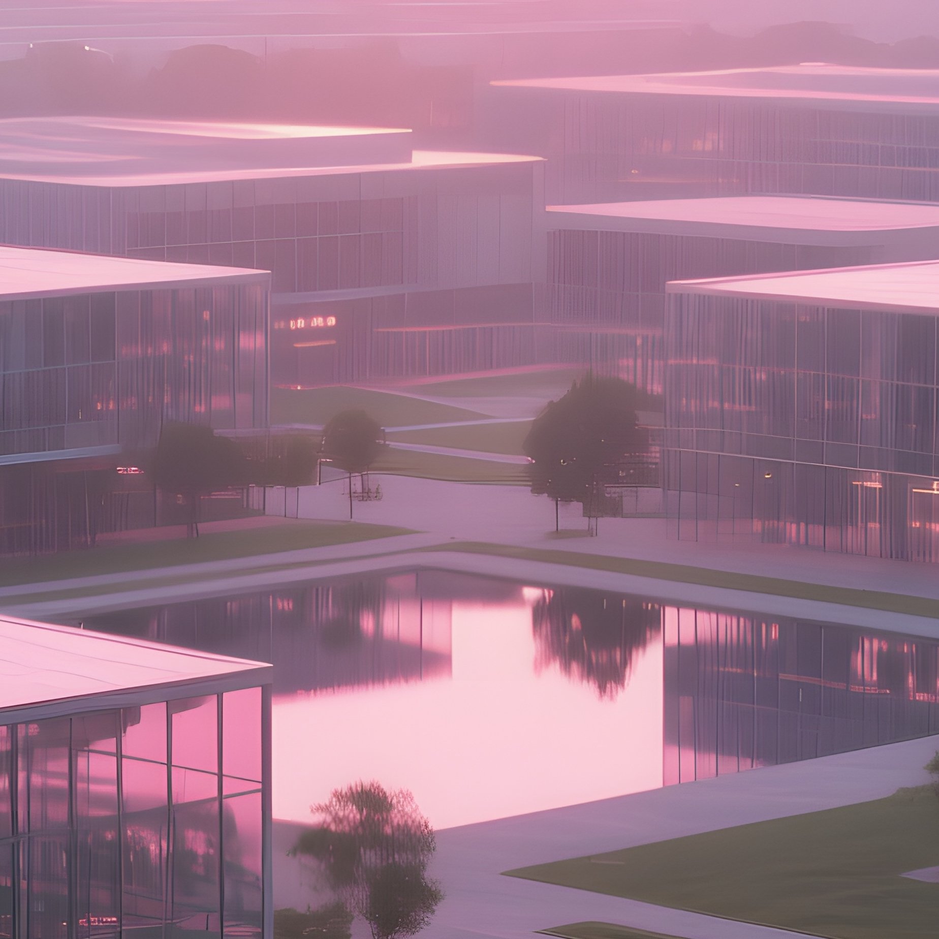 A Sunrise Over A Sprawling Glass And Steel Campus With Interlocking Pavilions, Reflective Pools - Full Resolution Quality Preview