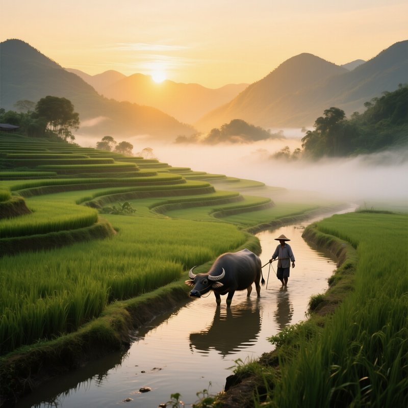 A Sunrise Over A Terraced Rice Field In Vietnam, Mist Rolling Over Emerald Paddies, Distant