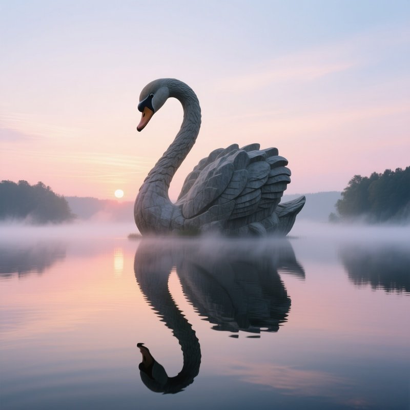 A Sunrise Over A Tranquil Lake Reflecting A Massive Stone Swan Sculpture, Mist Rising From The