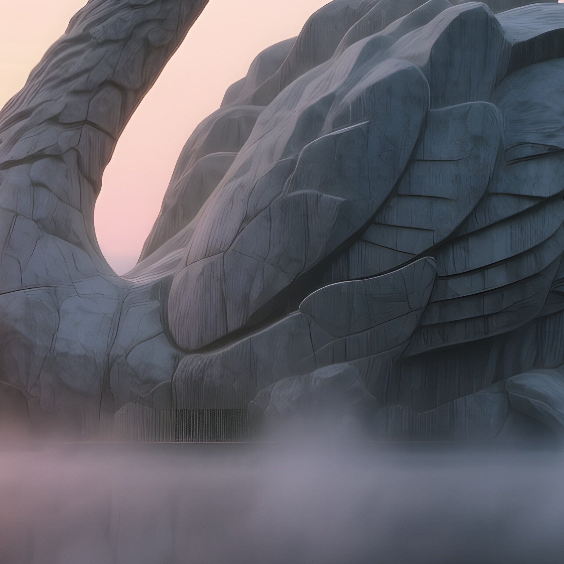 A Sunrise Over A Tranquil Lake Reflecting A Massive Stone Swan Sculpture, Mist Rising From The - Full Resolution Quality Preview