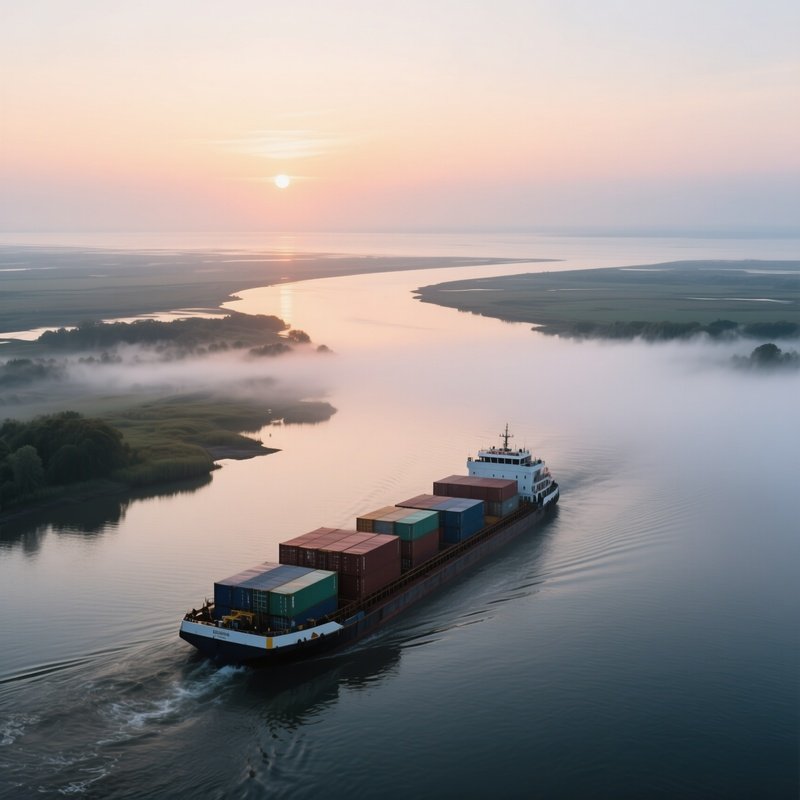 A Sunrise Over A Vast Estuary Where River Meets Sea, Barges Loaded With Cargo Moving Slowly, Mist