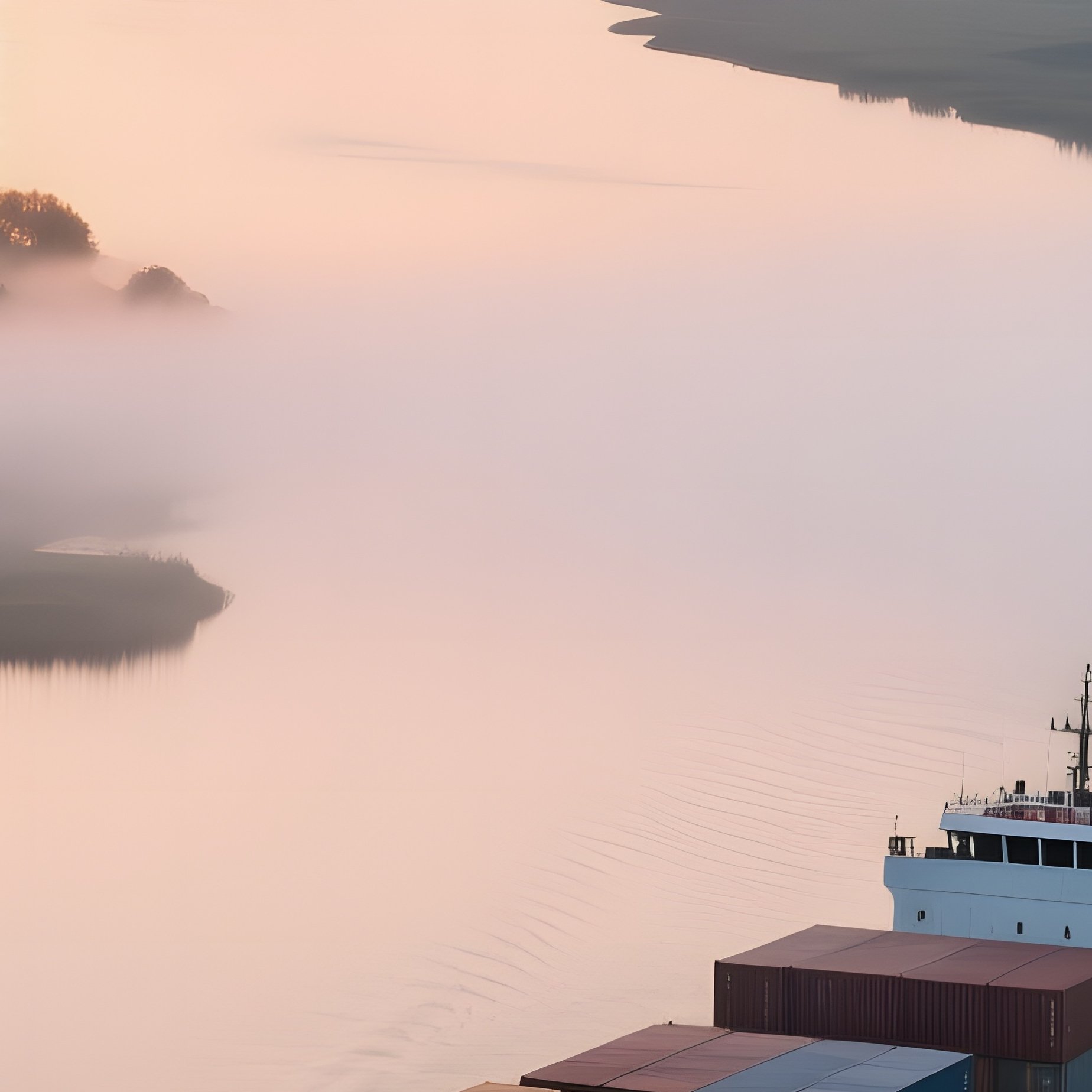 A Sunrise Over A Vast Estuary Where River Meets Sea, Barges Loaded With Cargo Moving Slowly, Mist - Full Resolution Quality Preview