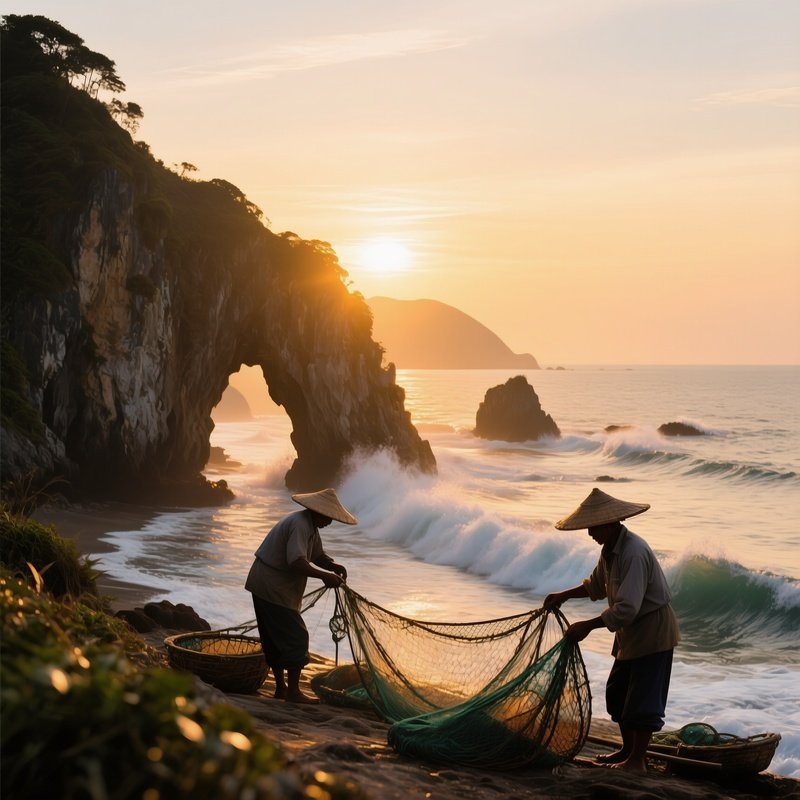 A Sunrise Over A Vietnamese Coastal Cliff, Waves Crashing Against Limestone Arches, Fishermen