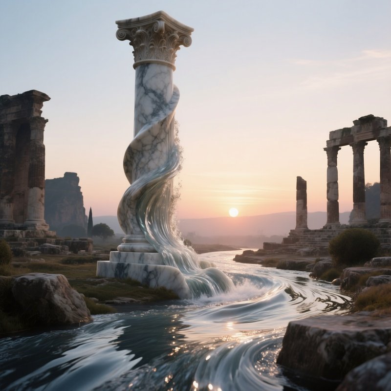 A Sunrise Over An Ancient Ruin Where A Massive Marble Column Has Been Transformed Into A Flowing
