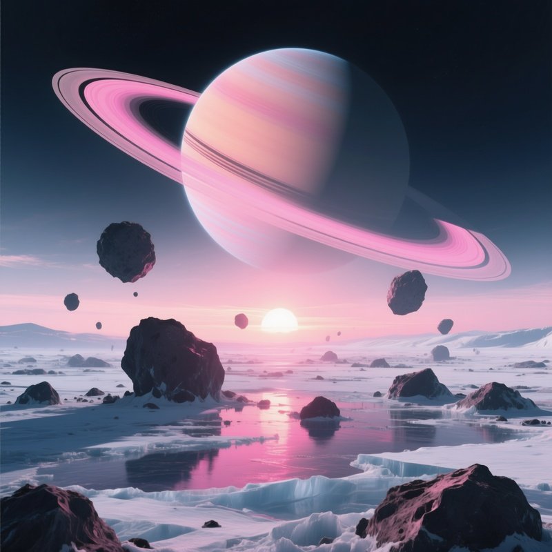 A Sunrise Over An Asteroid Field Near A Gas Giant, With The Planet'S Massive Rings Reflecting