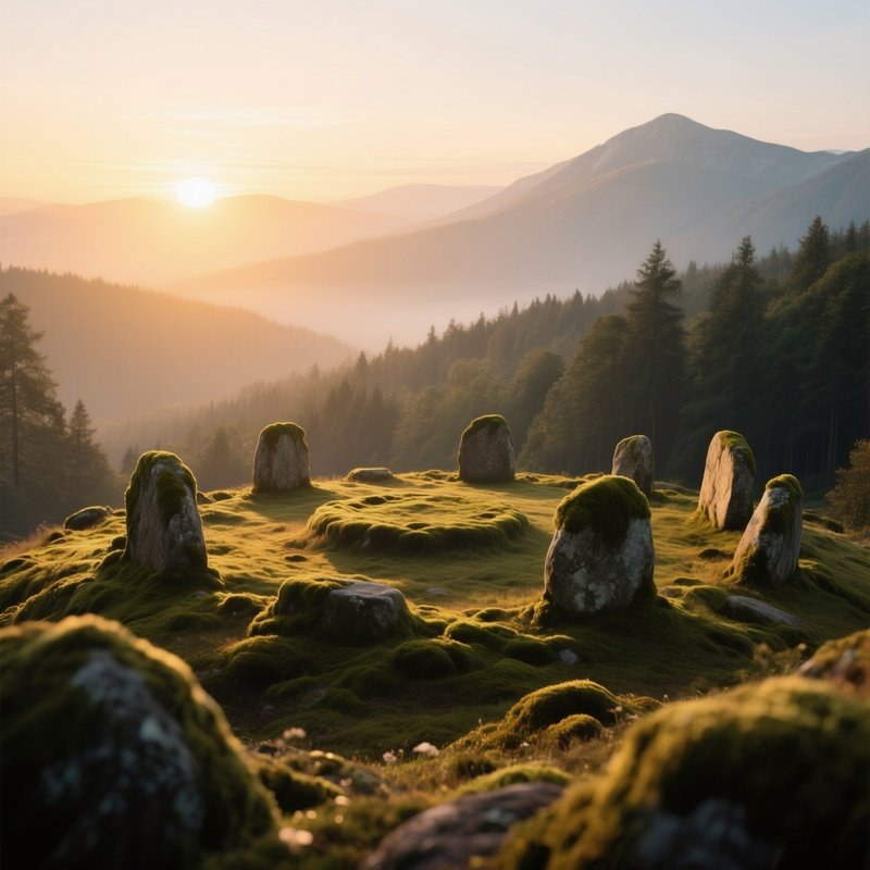 A Sunrise Over An Enchanted Forest Hilltop, Where Ancient Stone Circles Are Partially Covered In