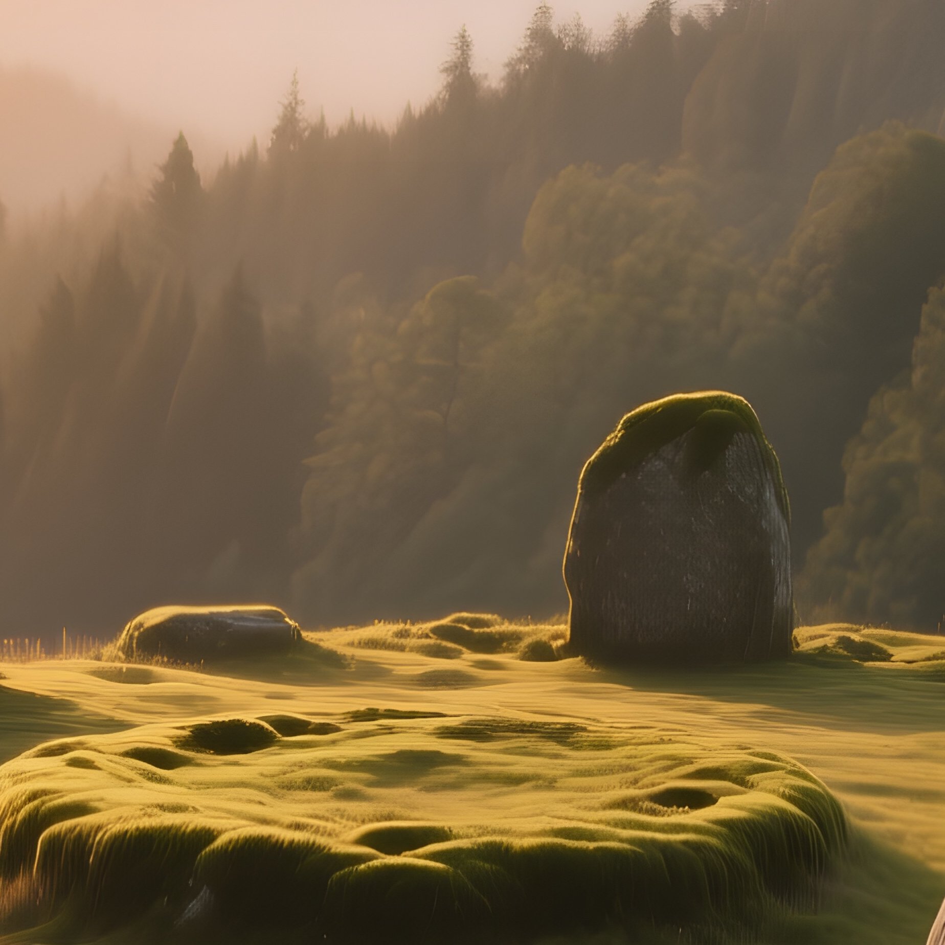 A Sunrise Over An Enchanted Forest Hilltop, Where Ancient Stone Circles Are Partially Covered In - Full Resolution Quality Preview