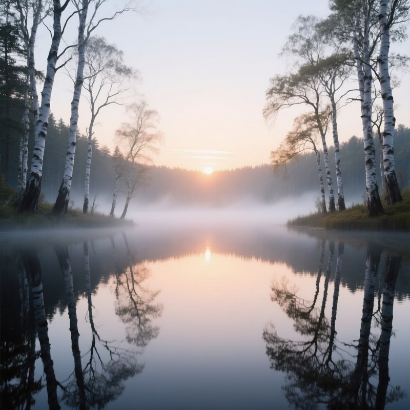 A Sunrise Over An Enchanted Lake Surrounded By Silver‑Barked Trees, Their Reflections Forming