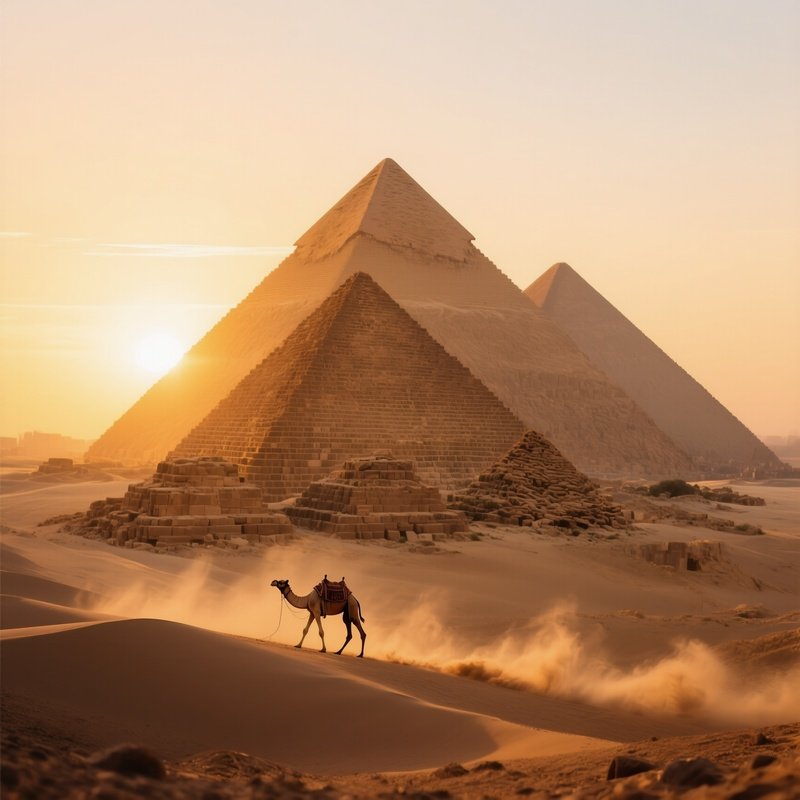 A Sunrise Over The Great Pyramid Of Giza, Golden Light Bathing The Ancient Limestone Blocks While A