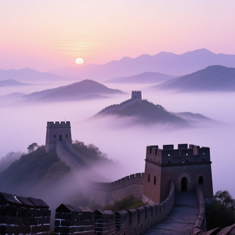 A Sunrise Over The Great Wall Of China Shrouded In Morning Fog, Watchtowers Casting Long