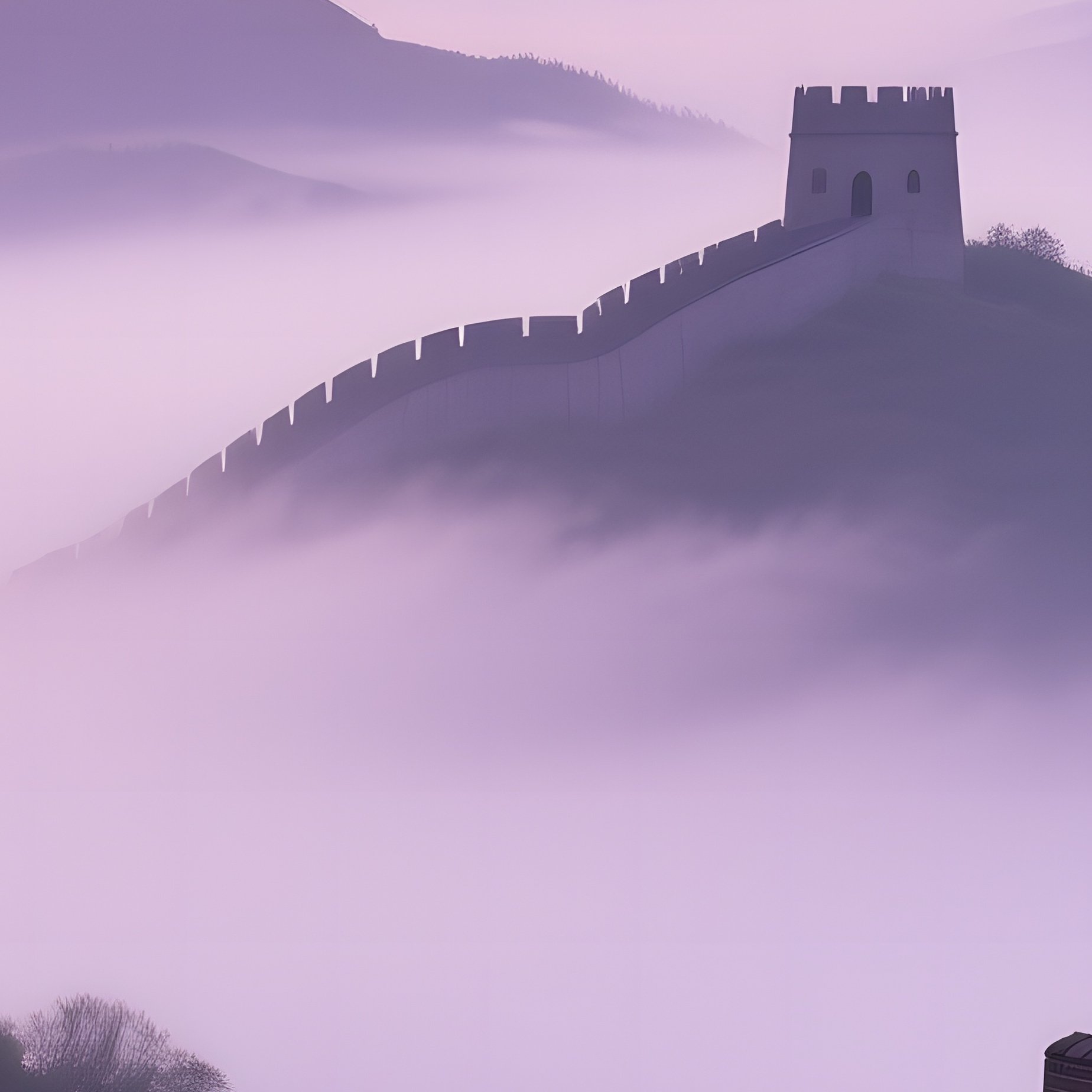 A Sunrise Over The Great Wall Of China Shrouded In Morning Fog, Watchtowers Casting Long - Full Resolution Quality Preview