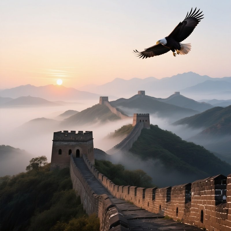 A Sunrise Over The Great Wall Snaking Across Misty Hills, Watchtowers Casting Long Shadows, Eagles