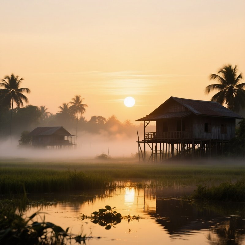 A Sunrise Over The Mekong Delta, Mist Rising From Flooded Fields, Wooden Stilt Houses Silhouetted