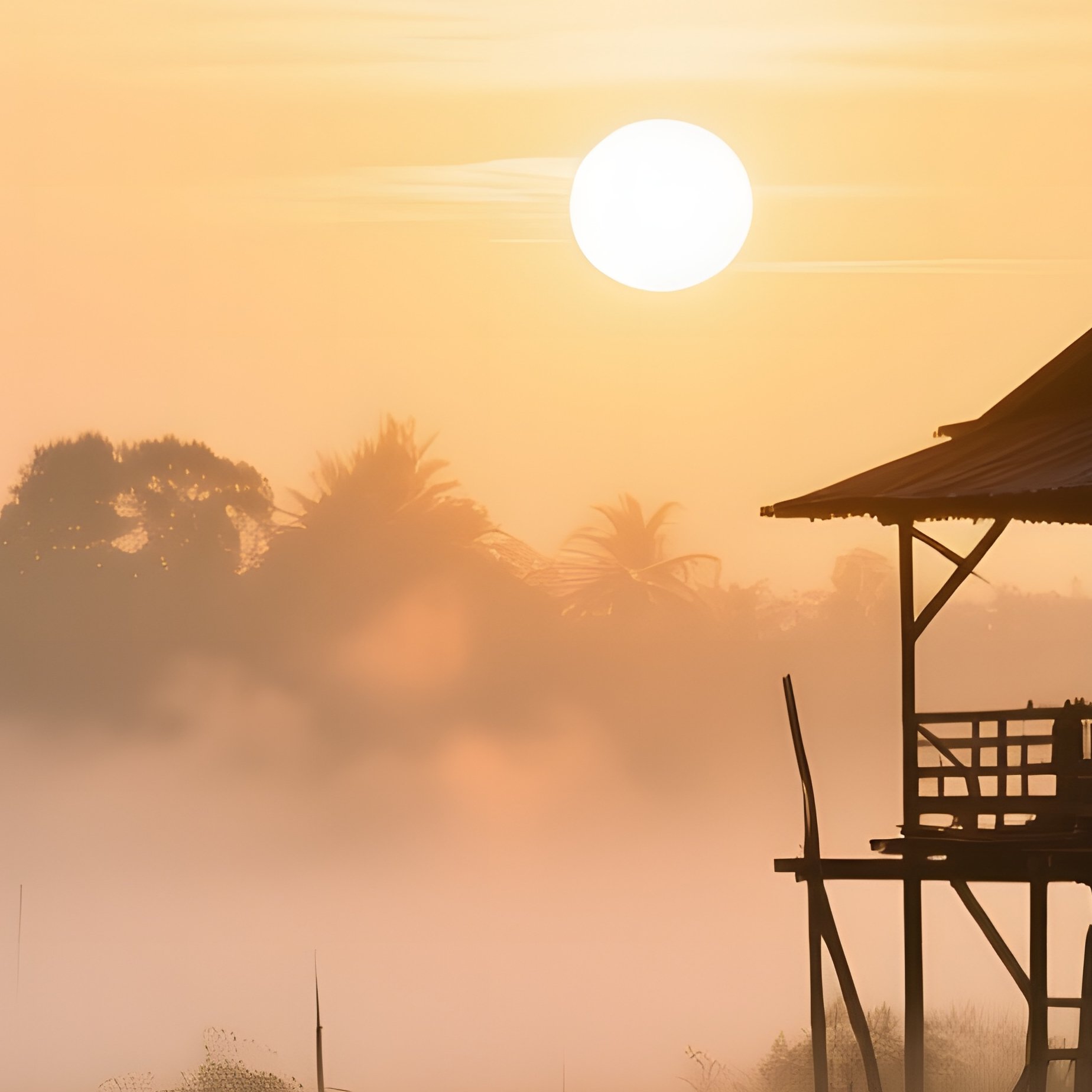 A Sunrise Over The Mekong Delta, Mist Rising From Flooded Fields, Wooden Stilt Houses Silhouetted - Full Resolution Quality Preview