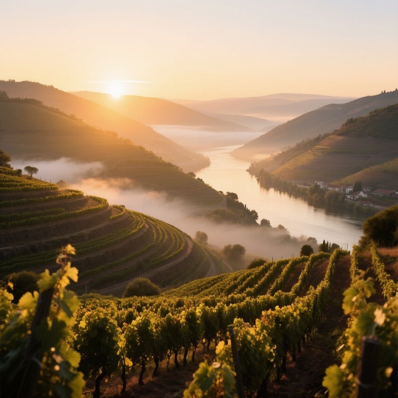 A Sunrise Over The Terraced Vineyards Of The Douro Valley In Portugal, Mist Hugging The Hills,