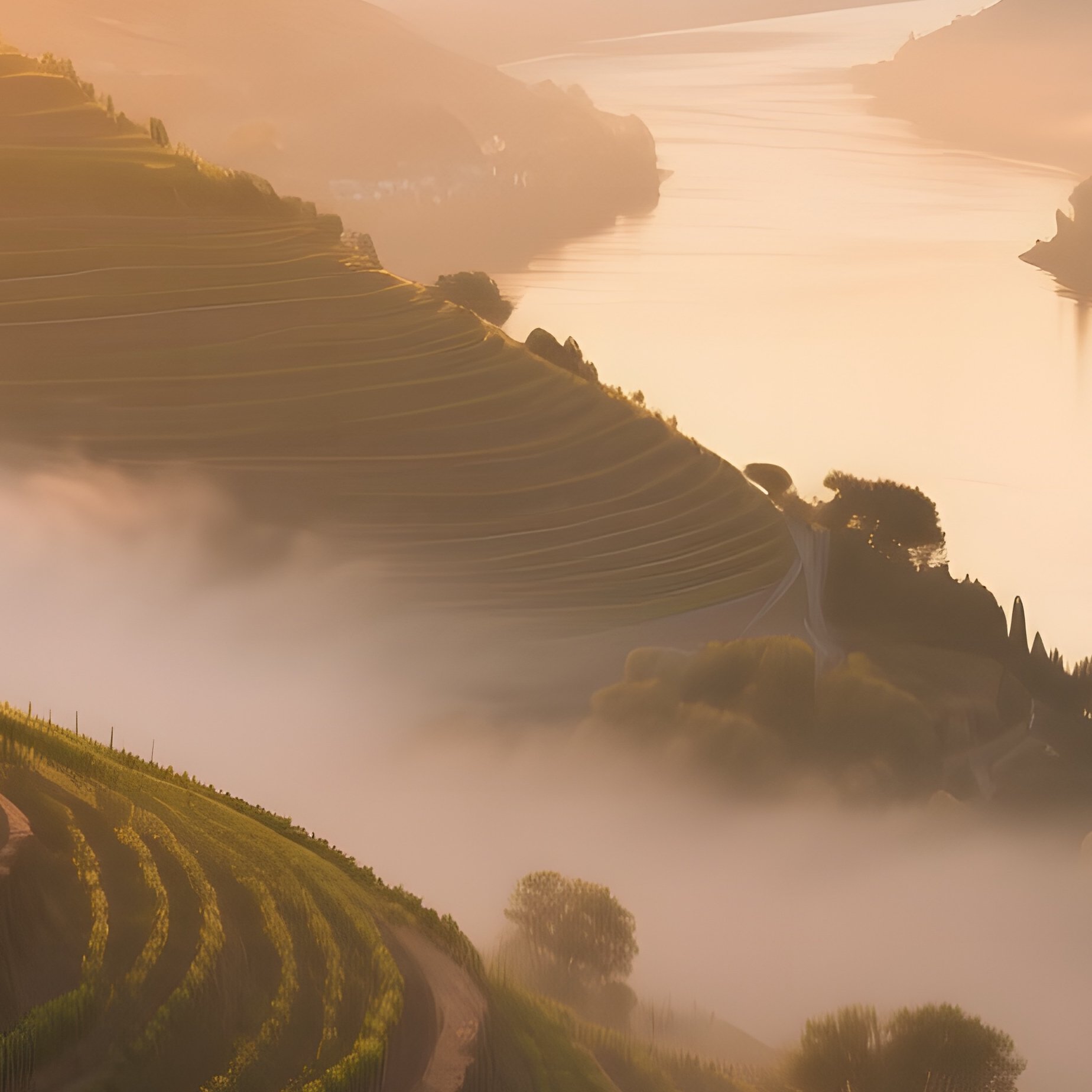A Sunrise Over The Terraced Vineyards Of The Douro Valley In Portugal, Mist Hugging The Hills, - Full Resolution Quality Preview