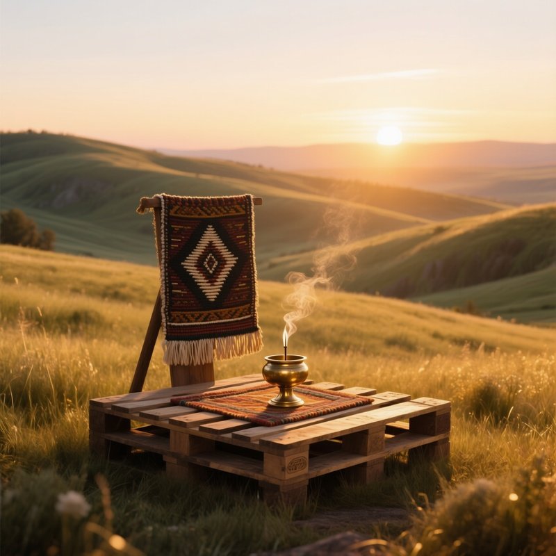 A Sunrise Prairie Altar On Rolling Hills, Wooden Pallet Altar Holding A Hand‑Woven Tapestry And A