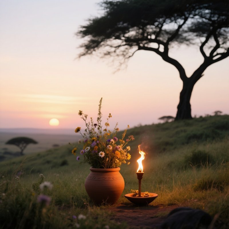 A Sunrise Savanna Altar On A Grassy Knoll, Acacia Tree Silhouette, A Clay Pot Filled With