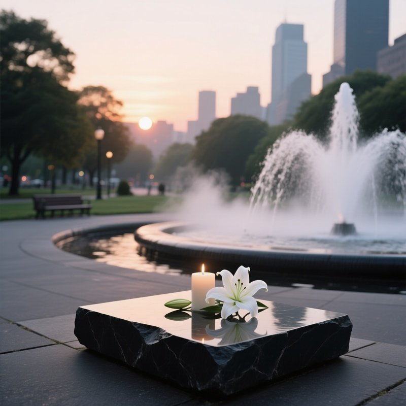 A Sunrise Urban Park Altar Beside A Fountain, Mist Rising From Water Jets, A Sleek Black Stone Slab