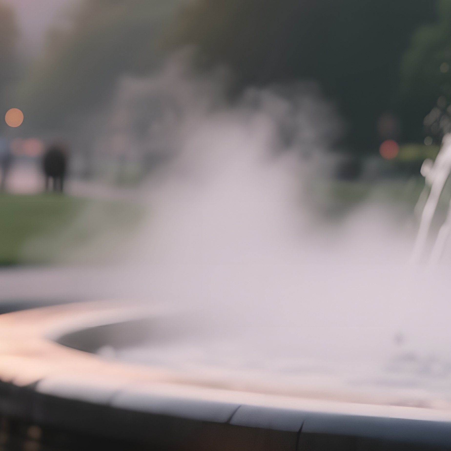 A Sunrise Urban Park Altar Beside A Fountain, Mist Rising From Water Jets, A Sleek Black Stone Slab - Full Resolution Quality Preview
