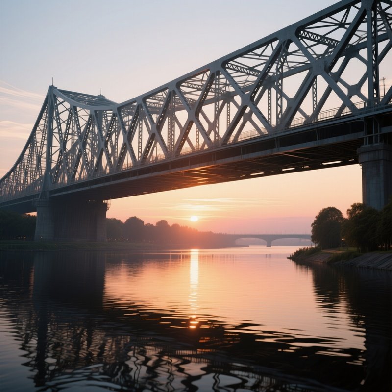 A Sunset Over A Futuristic Steel Bridge Spanning A River, Its Latticework Casting Intricate Shadows