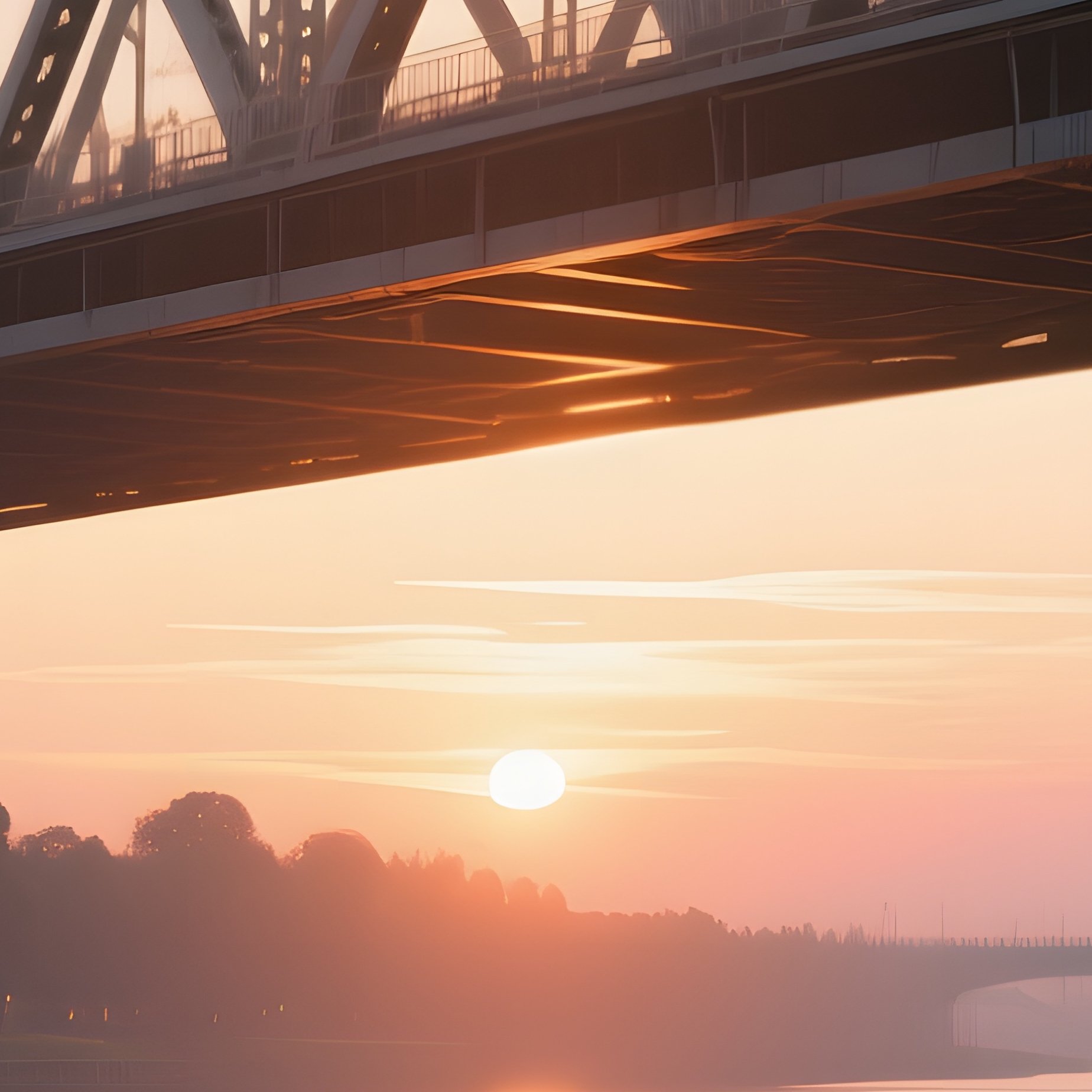 A Sunset Over A Futuristic Steel Bridge Spanning A River, Its Latticework Casting Intricate Shadows - Full Resolution Quality Preview