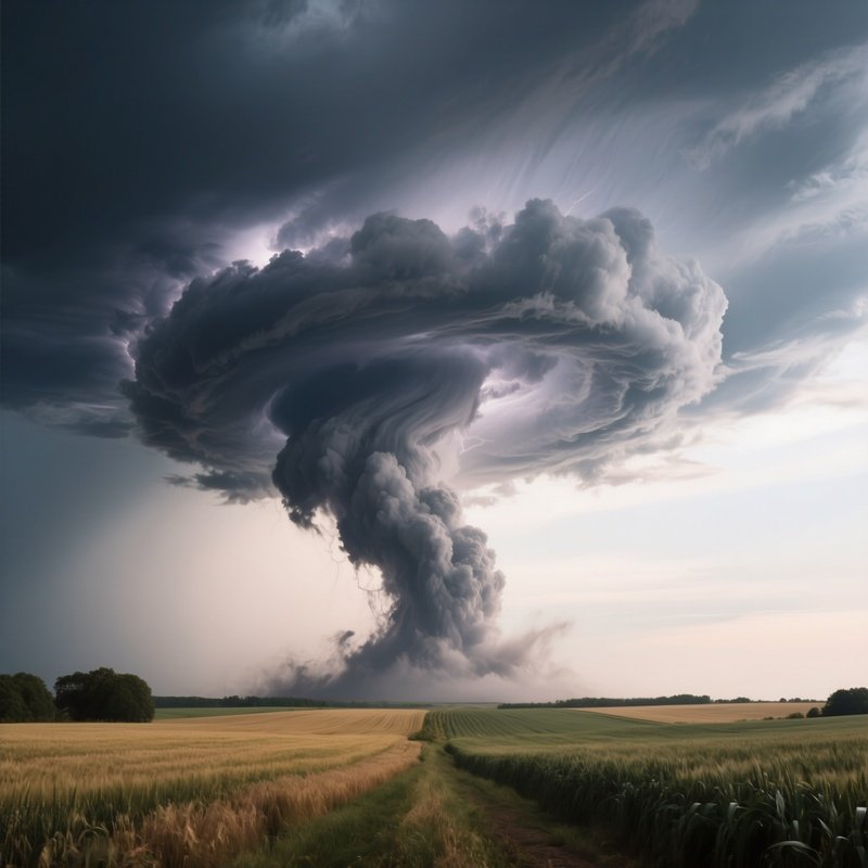 A Supercell Thunderstorm Forming A Rotating Cloud Wall Above Fields.