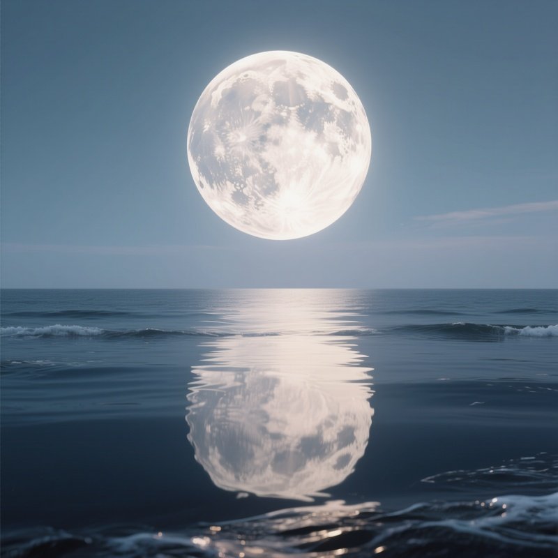 A Supermoon Reflecting Off Perfectly Still Ocean Water.