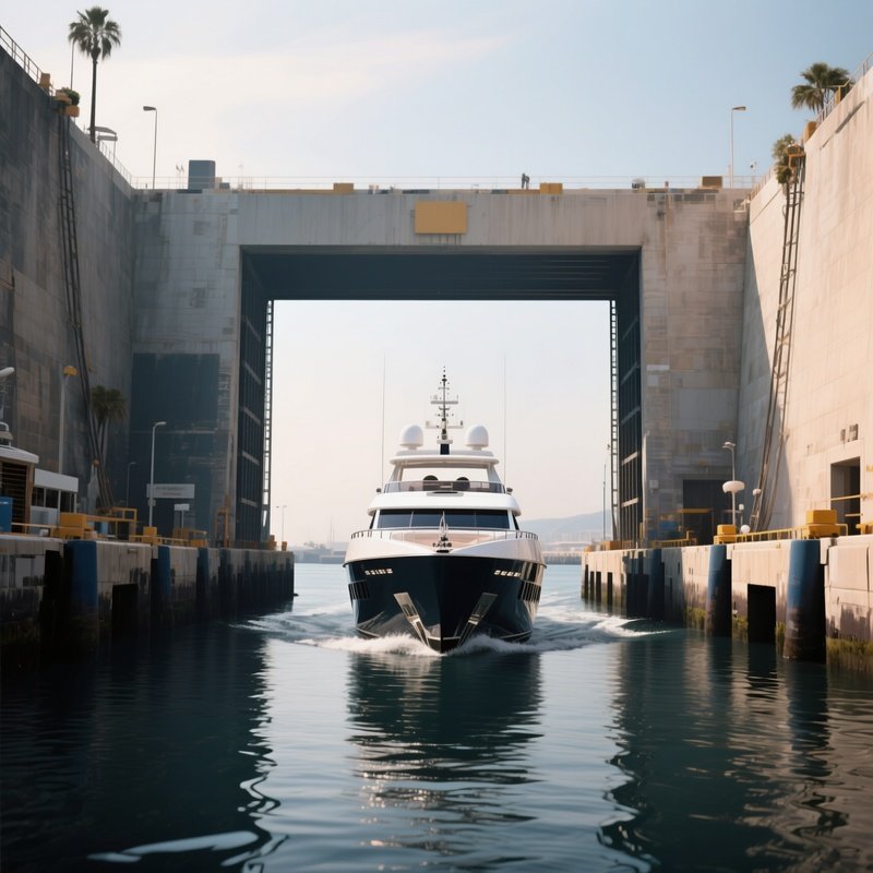 A Superyacht Moving Slowly Through A Deep Harbor Entrance