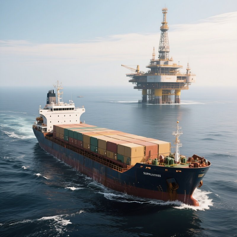 A Supply Ship Approaching A Distant Offshore Platform