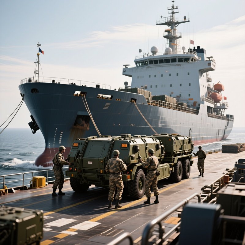 A Support Ship Carrying Military Equipment On Deck