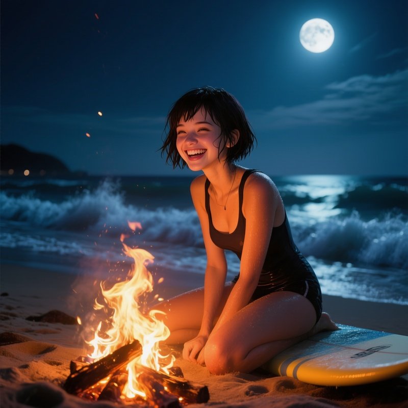 A Surfer Girl With A Wet Pixie Cut Laughs On A Beach Bonfire At Night, Firelight Dancing On Her