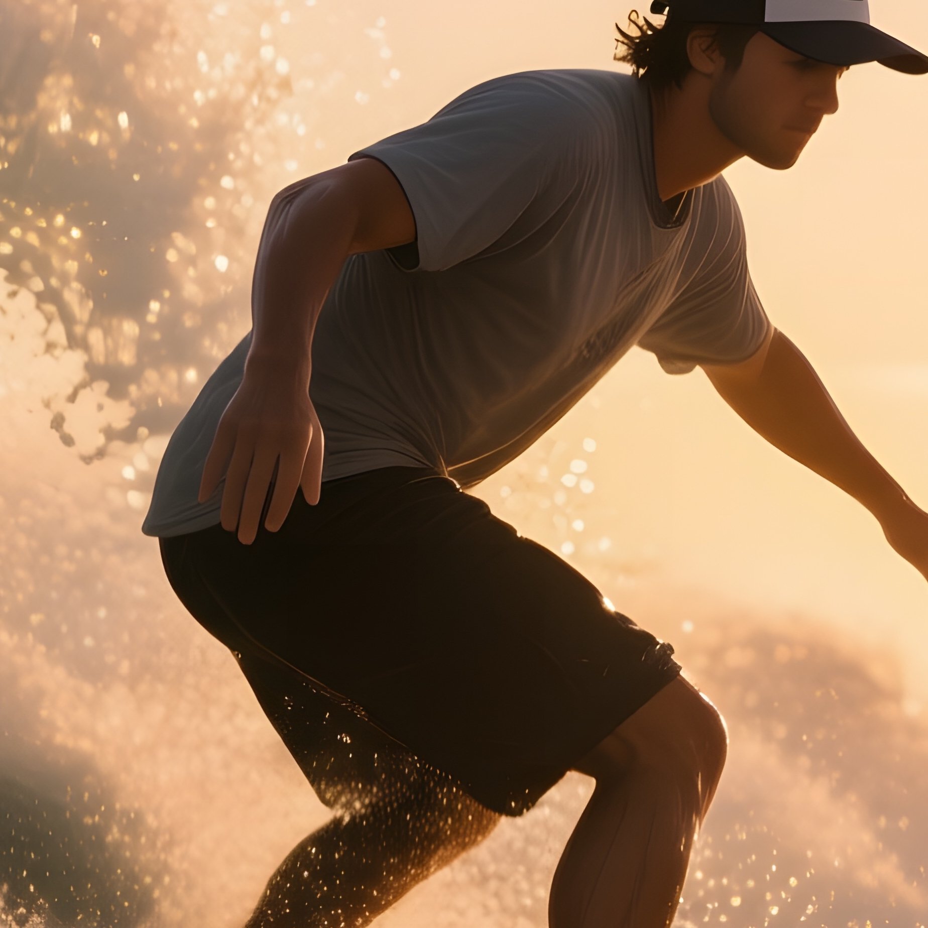 A Surfer In A Casual Baseball Cap Balances On A Massive Wave At Golden Hour, Spray Sparkling Like - Full Resolution Quality Preview