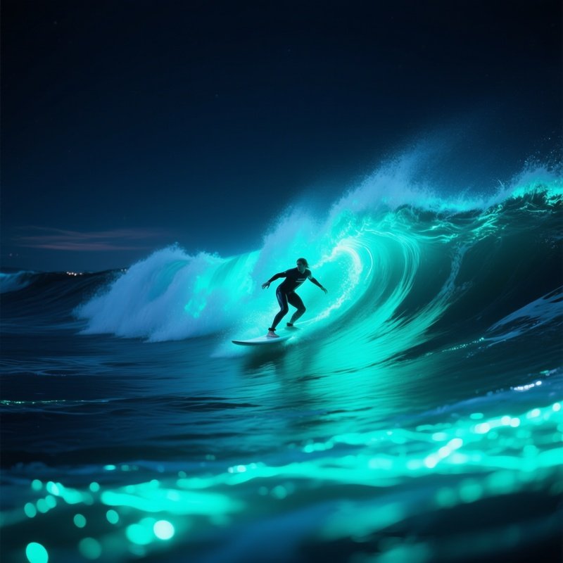 A Surfing Scene On A Bioluminescent Ocean At Midnight