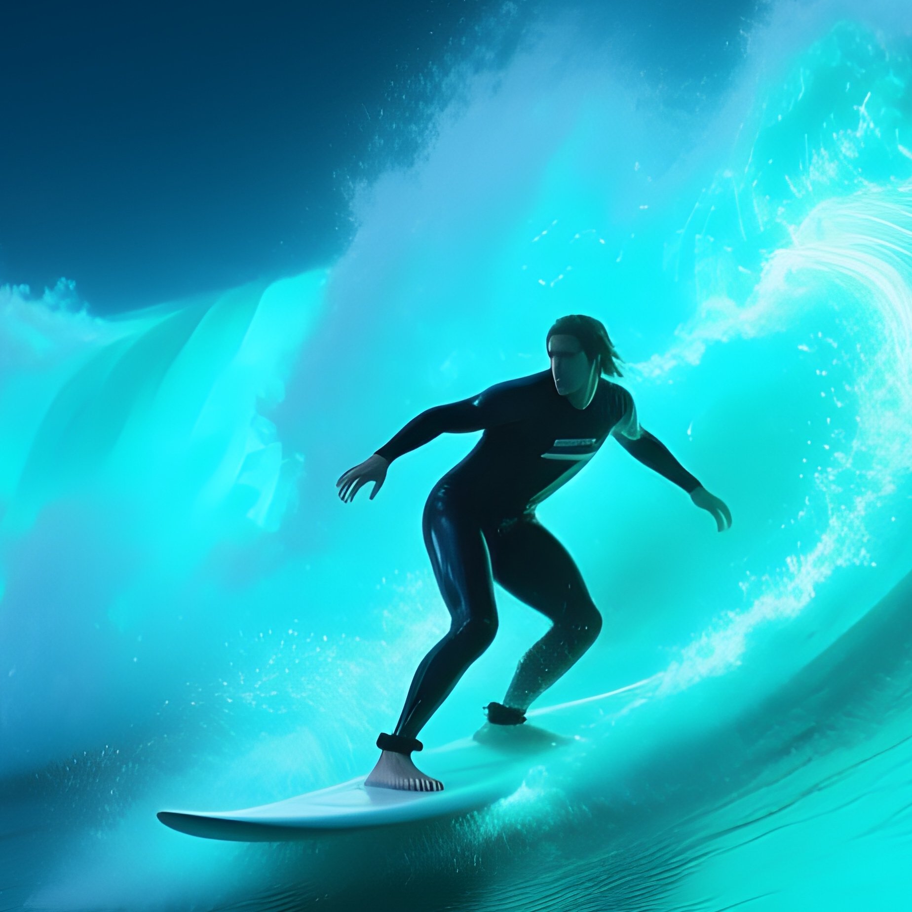 A Surfing Scene On A Bioluminescent Ocean At Midnight - Full Resolution Quality Preview