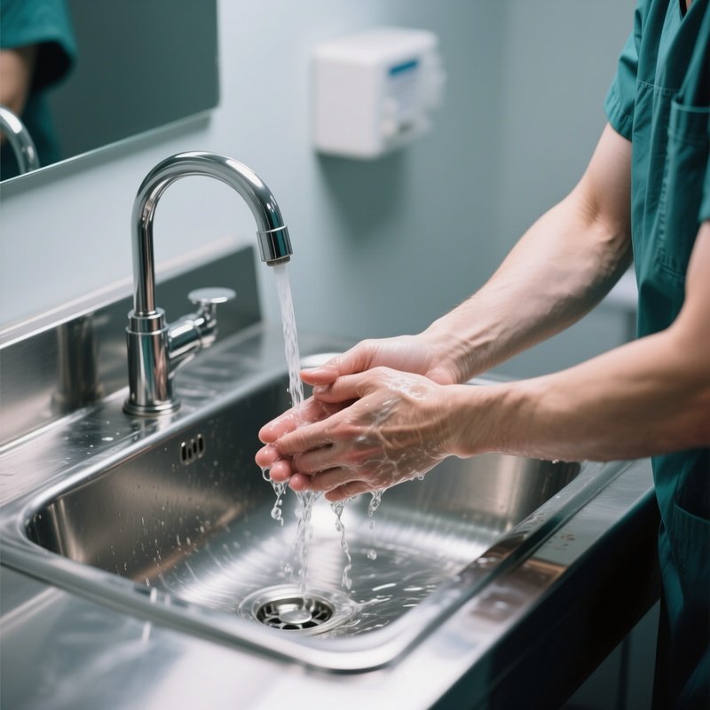A Surgeon Washing Hands At A Stainless Steel Scrub Sink
