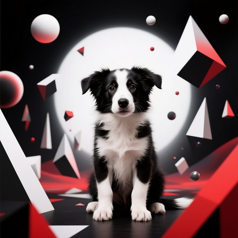 A Surreal Border Collar Puppy With Abstract Elements