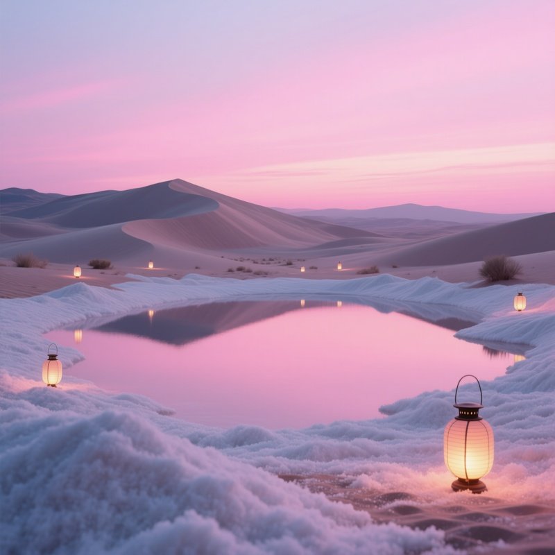 A Surreal Desert Landscape At Dusk, With Dunes Made Of Powdered Sugar, A Massive Sugar Oasis