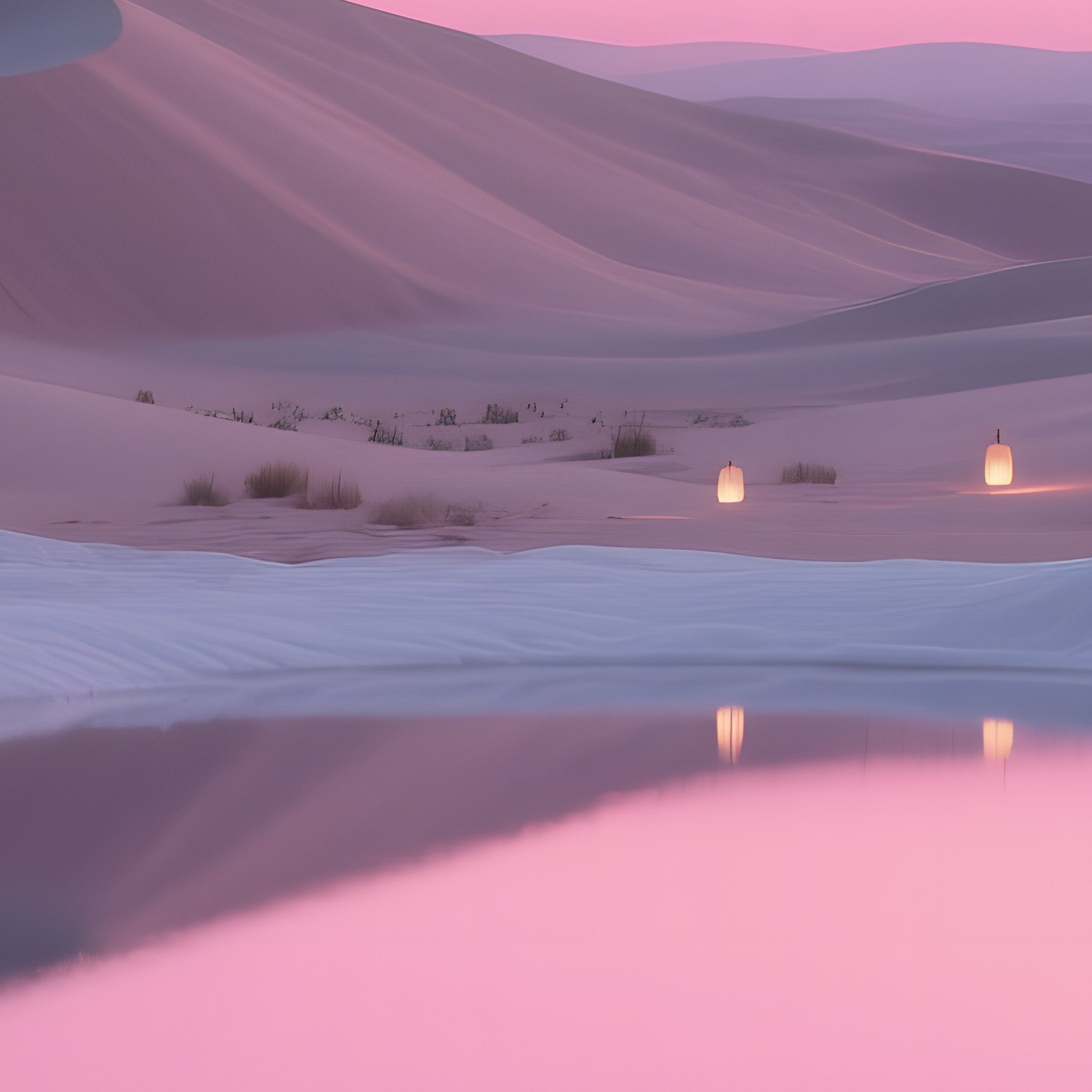 A Surreal Desert Landscape At Dusk, With Dunes Made Of Powdered Sugar, A Massive Sugar Oasis - Full Resolution Quality Preview