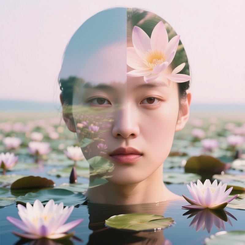 A Surreal Double‑Exposure Style Image Of A Human Face Blended With A Field Of Water Lilies, Soft