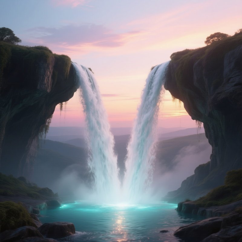 A Surreal Double Waterfall Where Twin Streams Converge Mid Air Before Plunging Into A Luminous