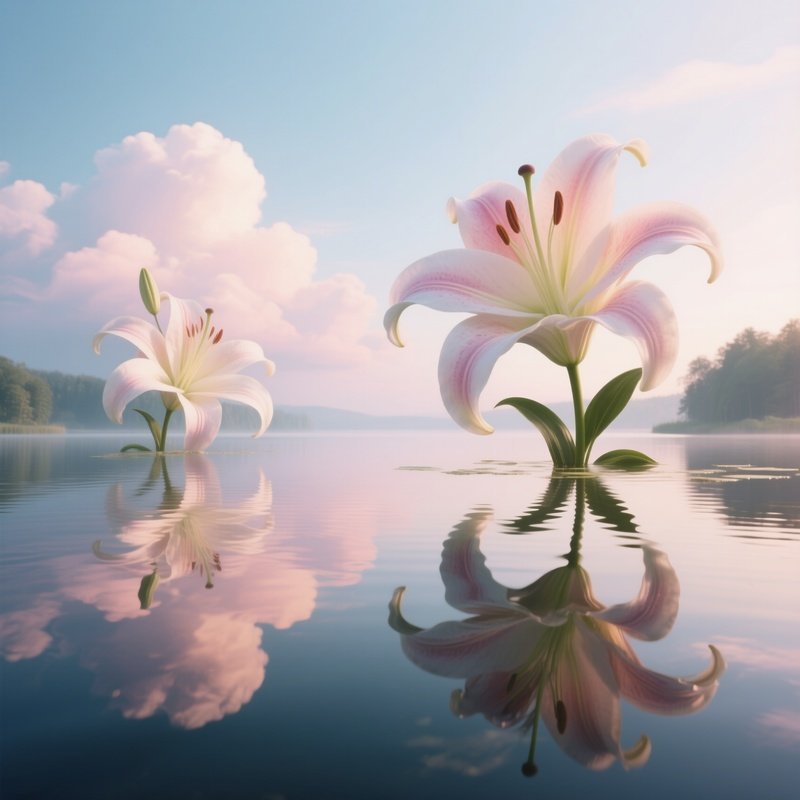 A Surreal Dreamscape Where Gigantic Lilies Float Above A Calm Lake, Pastel Clouds Reflected In The