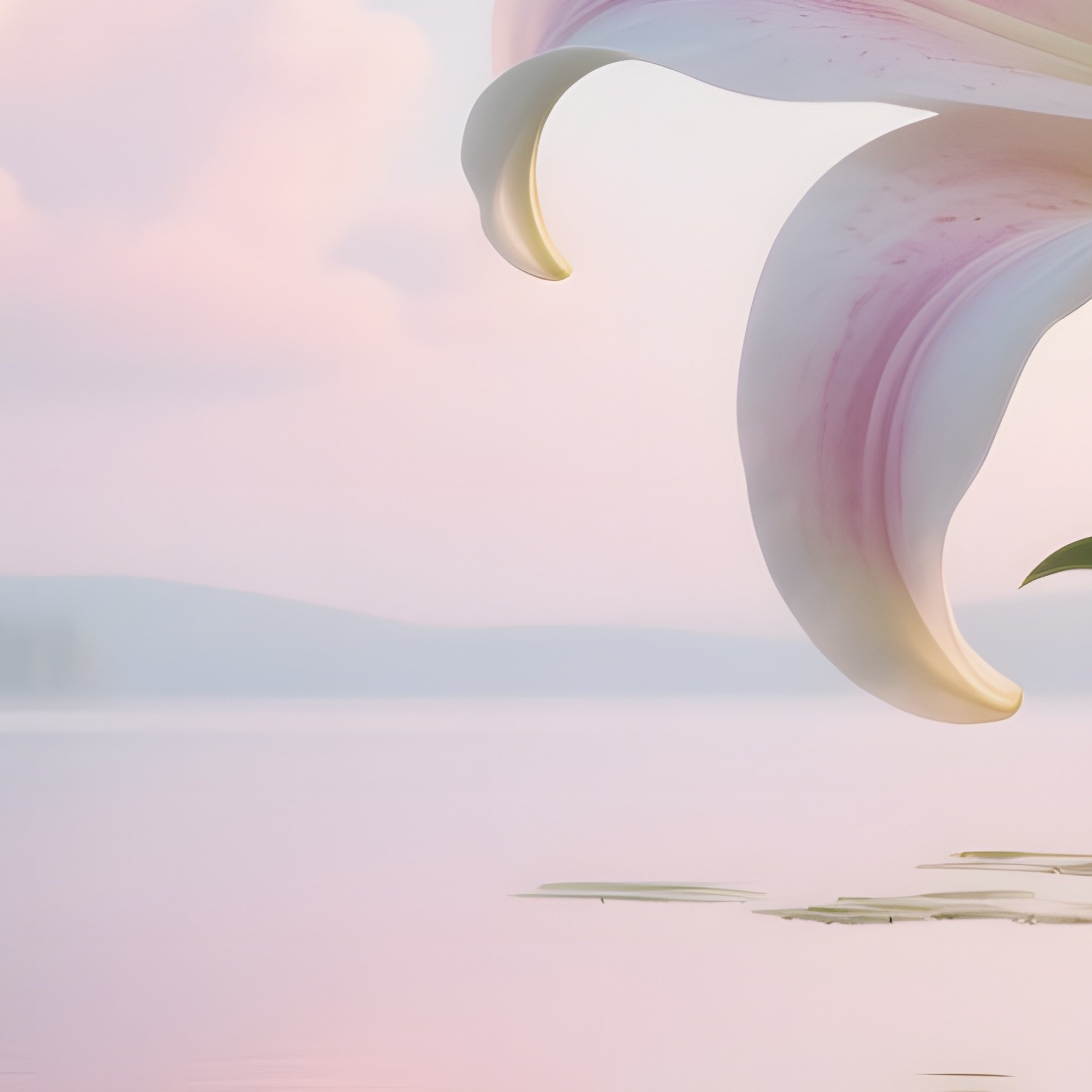 A Surreal Dreamscape Where Gigantic Lilies Float Above A Calm Lake, Pastel Clouds Reflected In The - Full Resolution Quality Preview
