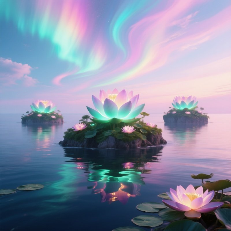 A Surreal Dreamscape With Floating Islands Covered In Giant Luminous Water Lilies, Pastel Sky