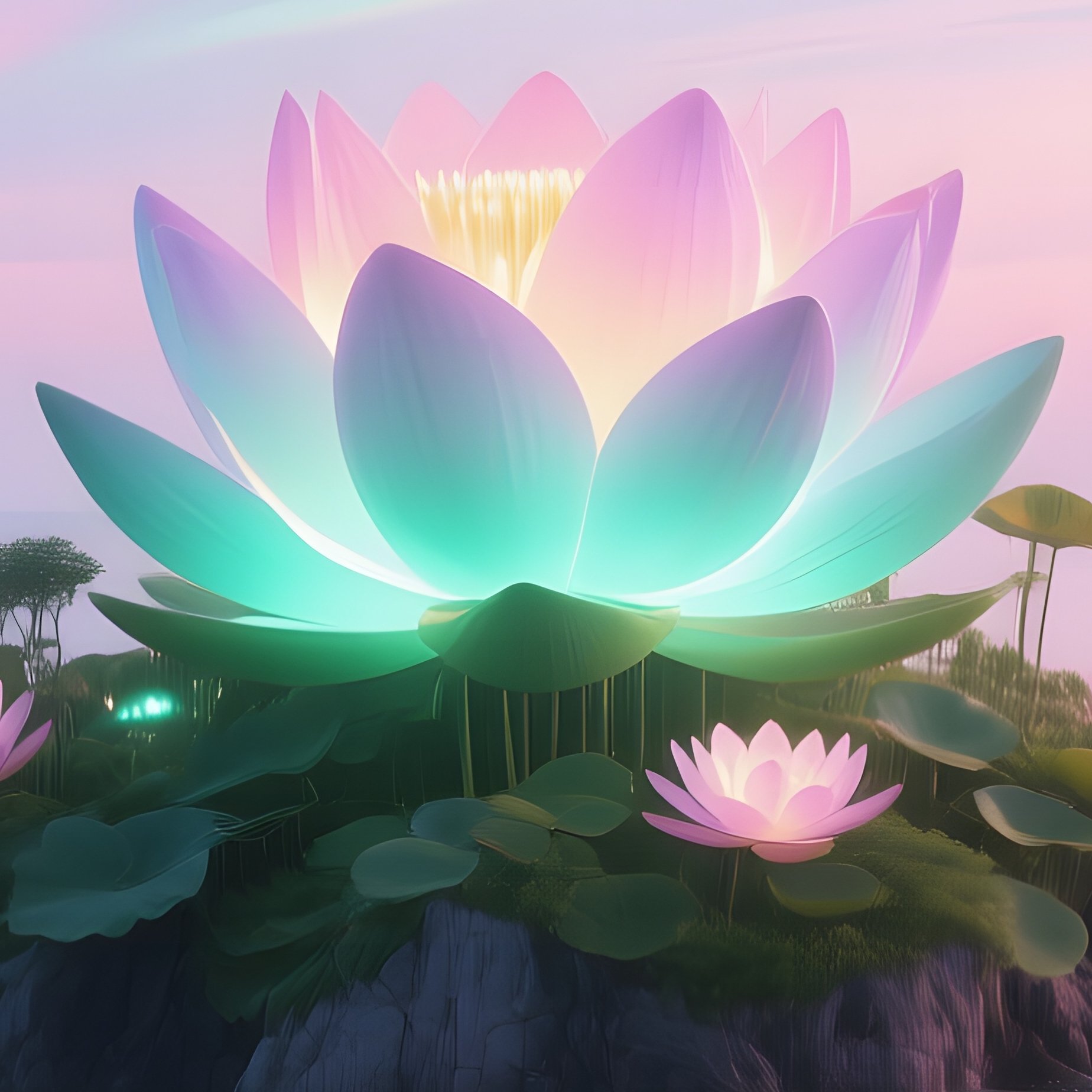 A Surreal Dreamscape With Floating Islands Covered In Giant Luminous Water Lilies, Pastel Sky - Full Resolution Quality Preview