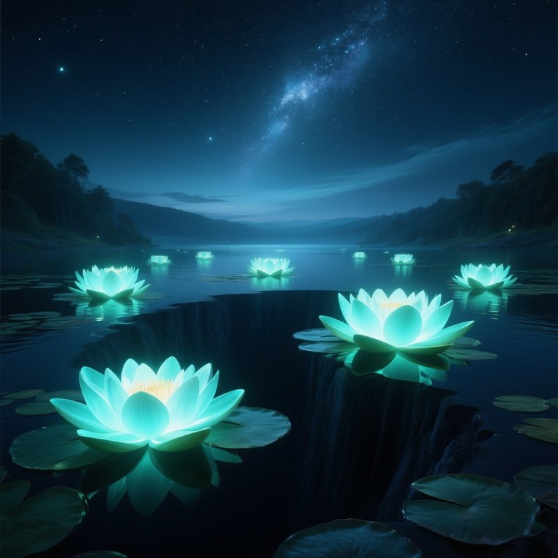 A Surreal Fantasy Scene Where Giant Luminescent Water Lilies Float Above A Dark Abyssal Lake,