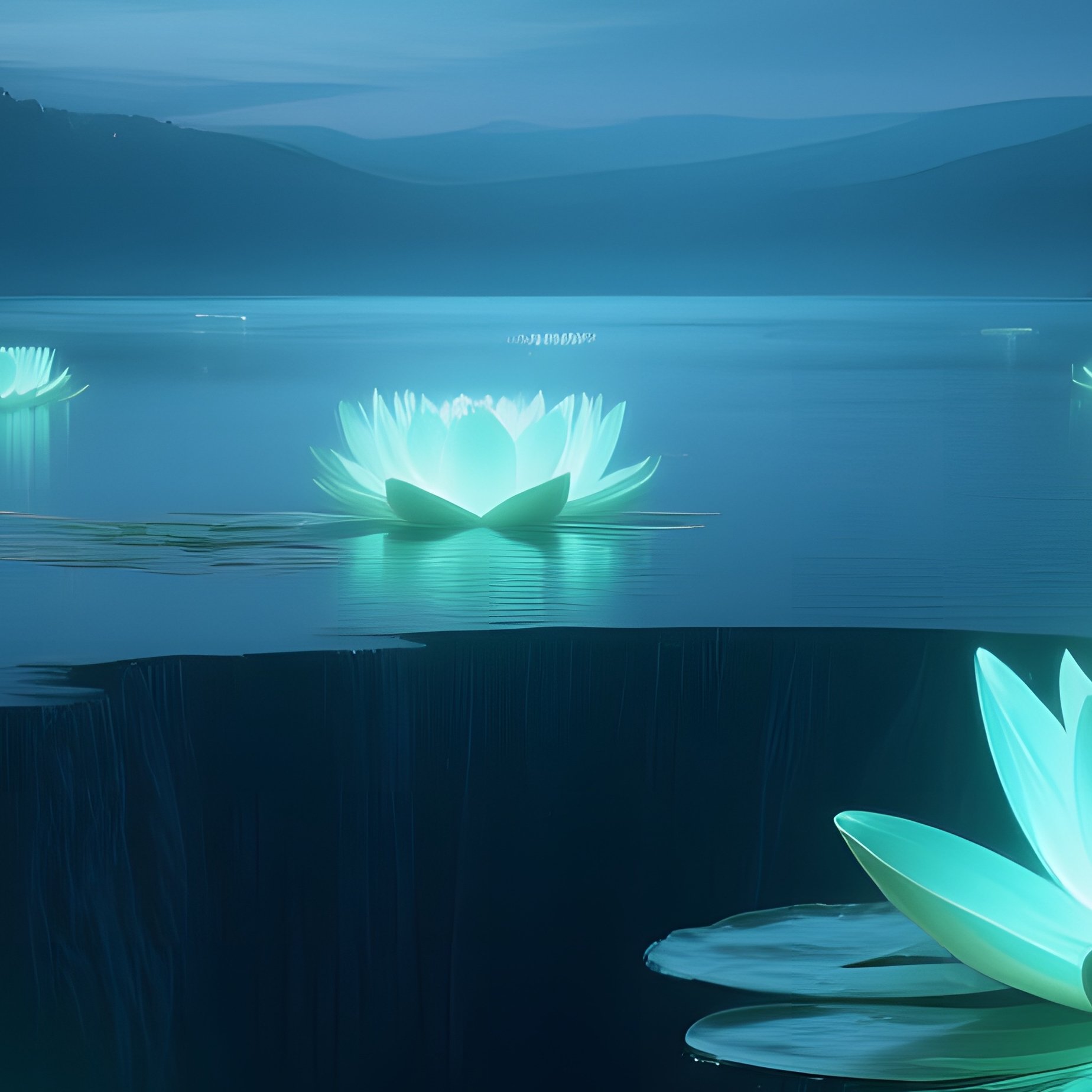 A Surreal Fantasy Scene Where Giant Luminescent Water Lilies Float Above A Dark Abyssal Lake, - Full Resolution Quality Preview