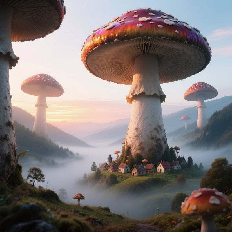 A Surreal Landscape Where Gigantic Mushrooms Tower Over A Misty Valley, Their Caps Reflecting