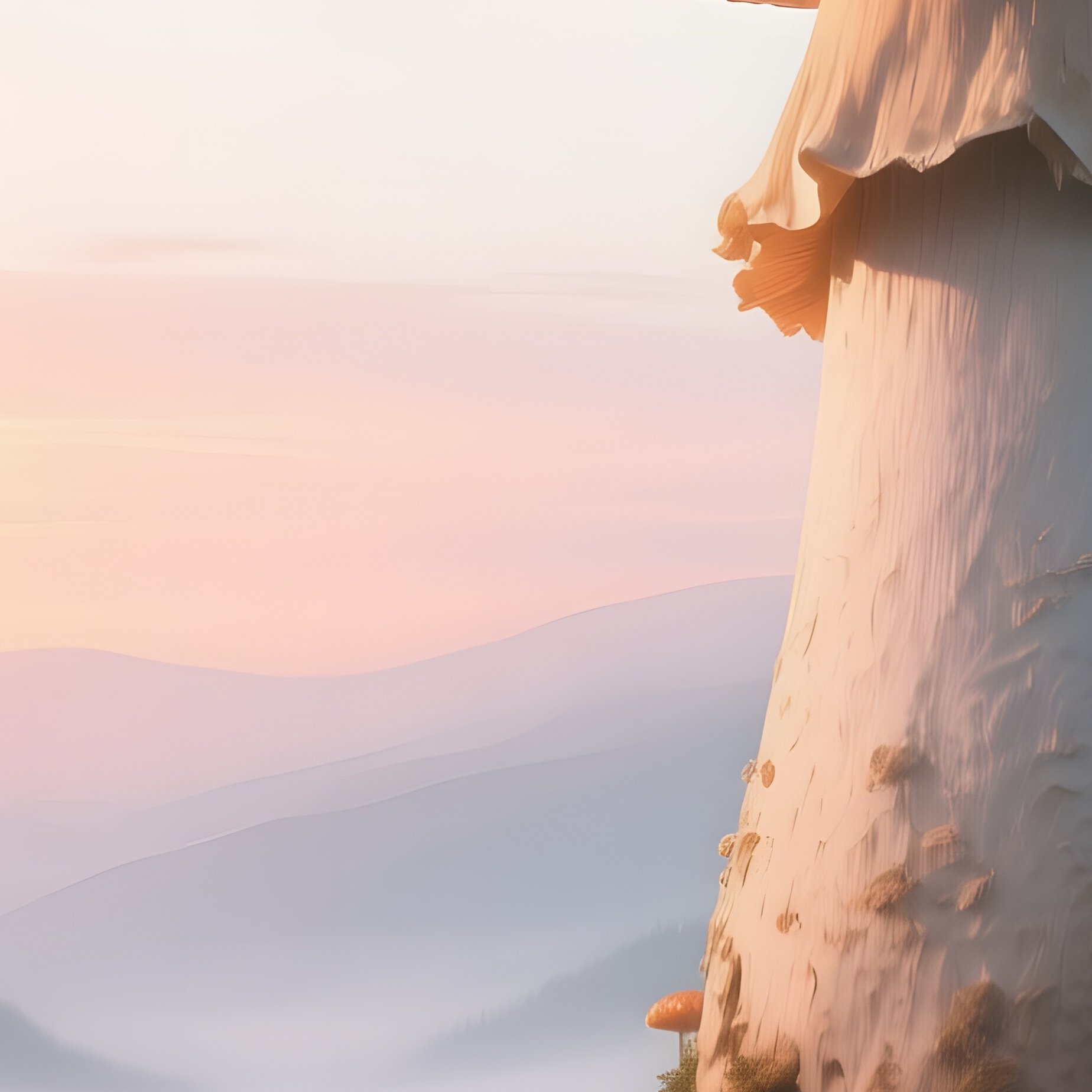 A Surreal Landscape Where Gigantic Mushrooms Tower Over A Misty Valley, Their Caps Reflecting - Full Resolution Quality Preview