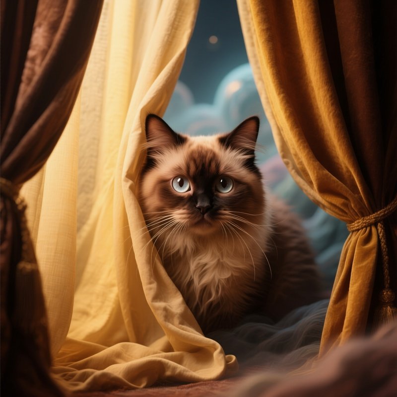 A Surreal Ragamuffin Cat In Curtains Scene
